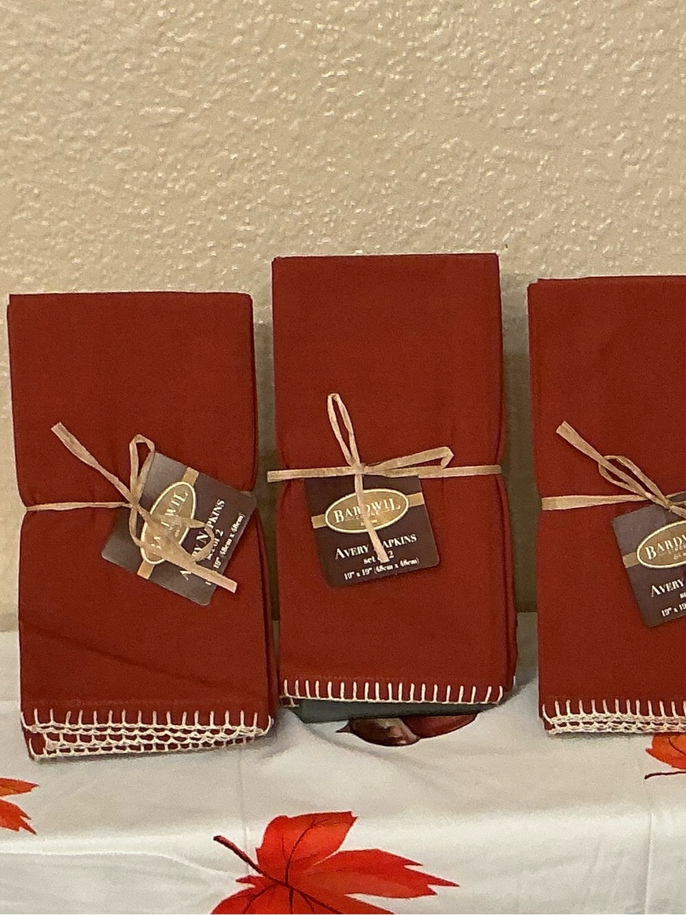 Bardwil Linens Rust Napkins with Beige Embroidered Edges. Set of 6